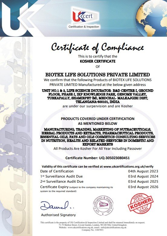 Biotex Life Solutions Certificate of Compliance UCERT